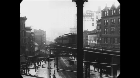 1911 - Elevated train tracks are seen weaving through New York City, with some Stock Footage 126057155