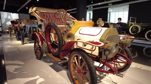 1911 Zebra Type A 5HP antique car on exhibition booth Stock Footage 338420018