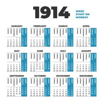1914 year vector calendar. Weeks start on Monday Stock Illustration