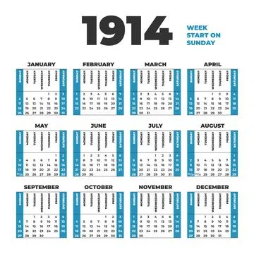 1914 year vector calendar. Weeks start on Sunday Stock Illustration
