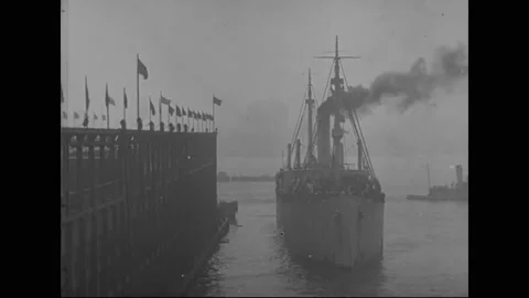 1919 - General Smith walks down the gangplank of the USS Patricia, and soldiers Stock Footage 234420855