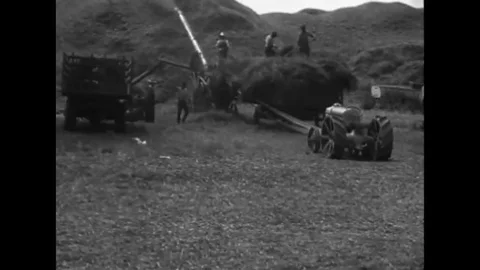 1920 - Steam-driven machines are used to thresh wheat. Video stock 120415906