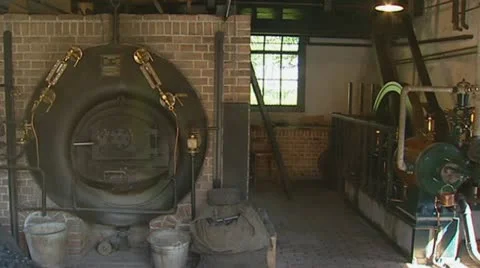 1920's laundry steam machine in barn pan Stock Footage 12449025