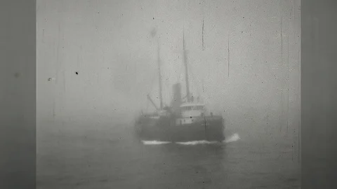 1920s Mystery Mysterious Ship Tug Rescue Boat in Heavy Fog Vintage Film Movie Stock Footage