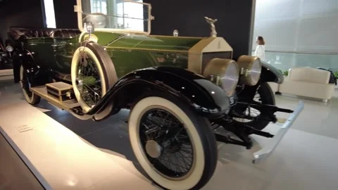 1921 Rolls-Royce Silver Ghost vintage car on exhibition booth Stock Footage 338420020