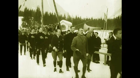 1924 Norway Winter Olympic team, Parade in Chamonix, Thorleif Haug, Thams Stock Footage 85437755