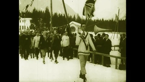 1924 UK Winter Olympic team, British Parade in Chamonix, Murray, Jackson, Broome Stock Footage 85437759