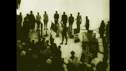 1924 Winter Olympics, Parade in Chamonix, Flags Ceremony Stock Footage 85437734