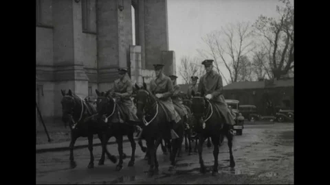 1927 - General Dickmans funeral procession passes through a town; a canon salute Stock-Footage 94259232