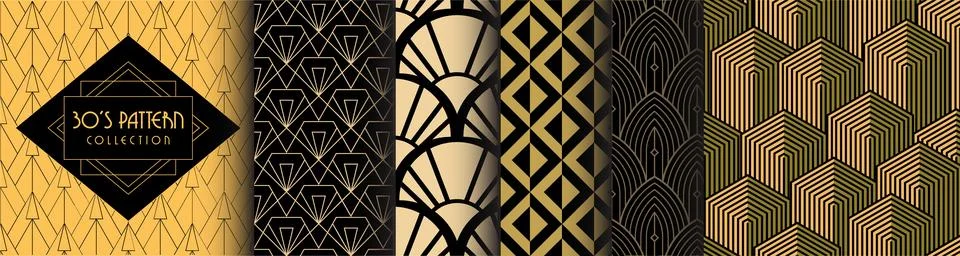 1930s Art Deco Seamless Patterns Set Gold and Black Geometric Stock Illustration