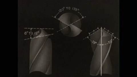 1930s: Diagram of various angles of drill bit. Man inserts drill bit into large Stock Footage 204958234