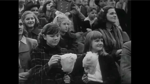 A 1930s, early 40s, 3 ring circus act kicks off with trick dogs, stunt roller Stock Footage 118406767