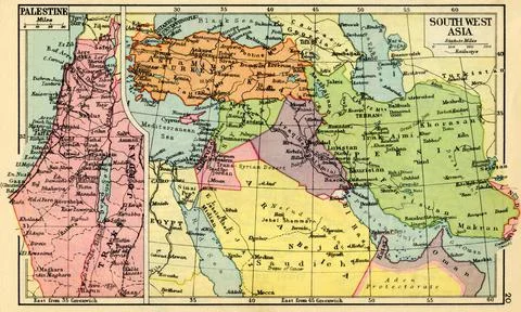 A 1930s Map Of Palestine, Left And South West Asia, Right. Stock Photos