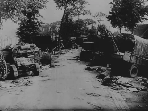 1930s: POV shot through war wreckage Stock Footage 157948885