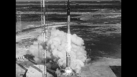 1930s: A rocket attempts to launch but crashes and blows up. Stock Footage 74511139