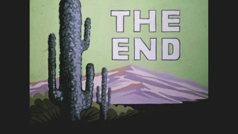1930s: Sign reads The End. A mountain and a cactus are drawn on it. Title reads Stock Footage