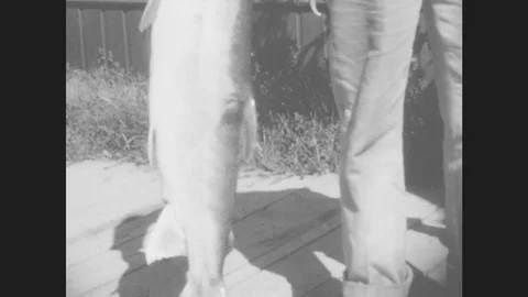 1930s: Two Men Show Off Large Fish They Have Caught For A Crowd While They Are Stock Footage