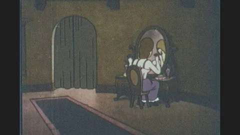 1930s: Ugly stepsister sits at mirror. She makes faces applying lipstick, Stock Footage 81249941