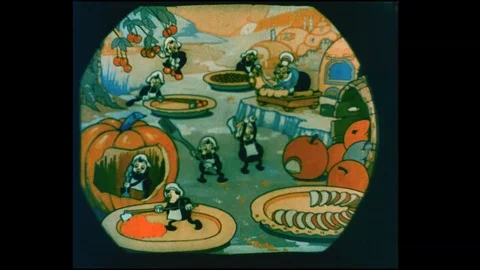 1934 - In this animated film, tiny creatures bake pies and sing. Stock Footage 141515843