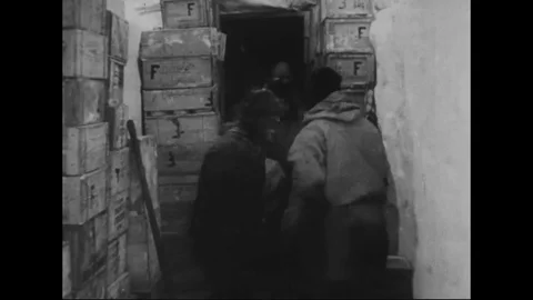 1934 - Men on an Antarctic expedition move cattle into a barn on their outpost 스톡 동영상 107738457
