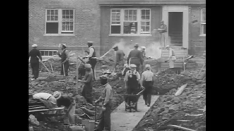 1935 - Construction workers, builders, brick layers, and carpenters long out of Stock Footage 152507822