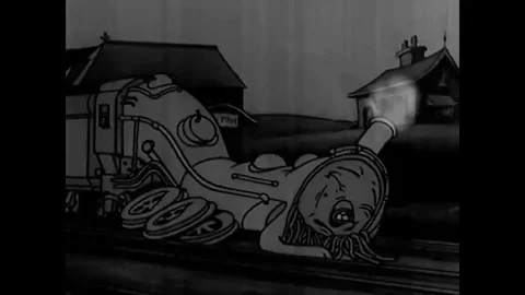 1936 - In this cartoon, a train conductor must wake up his sleepy locomotive. Stock Footage