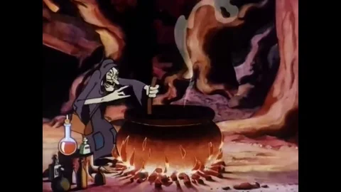 1937 - Animation of an evil witch preparing a spell over a fiery caldron and Stock Footage 79451144