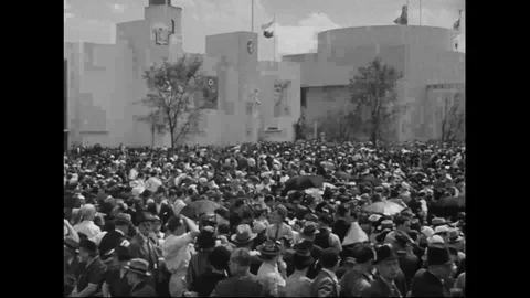 1939 - Albert Einstein addresses a large outdoor crowd at the New York World's Stock Footage 124142835