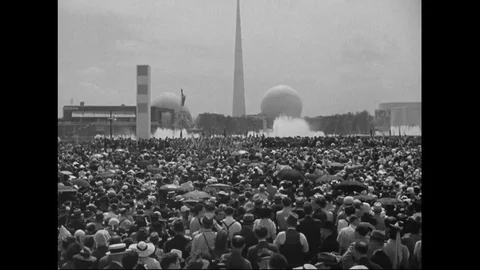 1939 - Albert Einstein addresses a large outdoor crowd at the New York World's Stock Footage 124143228