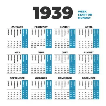1939 year vector calendar. Weeks start on Sunday Stock Illustration