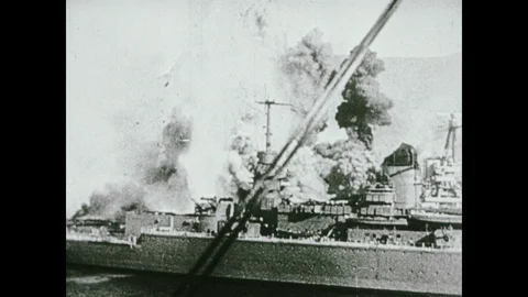 1940s: Battleships explode at docks. Girl runs to man washing car. Girl runs Stock Footage 102697464