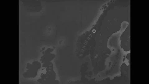1940s: Bombs fall from plane. Soldiers duck as bombs explode on ground. Map of Video stock 140892689
