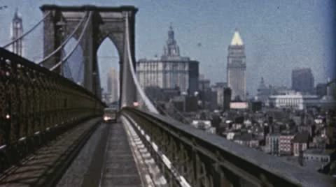 1940s Cars Driving Across Over BROOKLYN BRIDGE NYC 1950s Vintage Film Home Movie Stock Footage