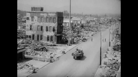 1940's clip of devastation and destruction in Post War Japan and its road to Stock Footage 79518042