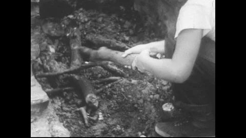 1940s: Close up, boy moves sticks in fire pit, puts sand on ashes / Dad Stock Footage