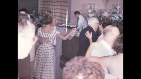 1940s: Couples dance to live combo music in large function room; whimsical 스톡 동영상 95850096