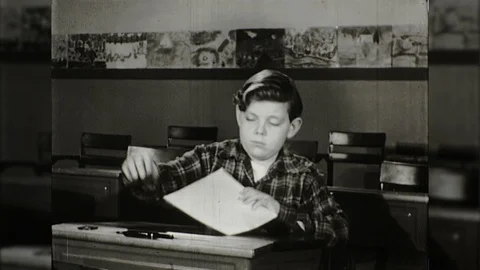 1940s Elementary School Boy Student Kids Learns Write Spell Vintage Film Movie 스톡 동영상 96229723