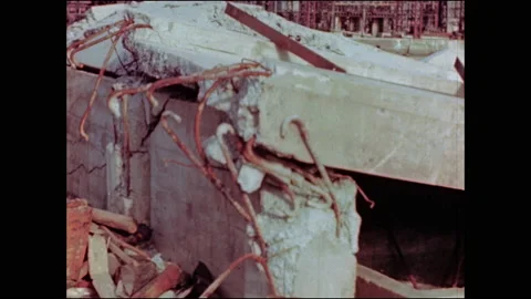 1940s: Empty building with windows blasted out. Twisted metal frames. Empty and Stock Footage 159366898