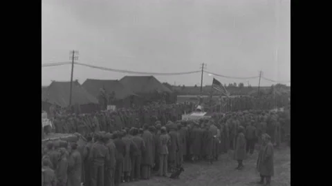 1940s: Float in parade with people dancing on it. Float designed to look like a Stock Footage 137835575