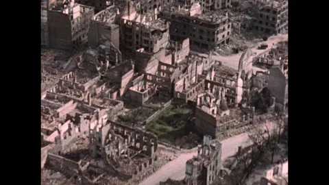 1940s Germany, Pforzheim, Bomb Damaged city with torn up buildings during War Stock Footage