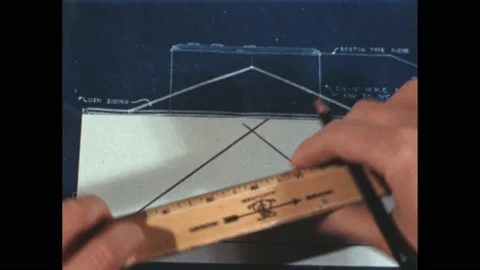 1940s: hand draws angles on triangle interior. Pencil and ruler drawing in Stock Footage 189945458