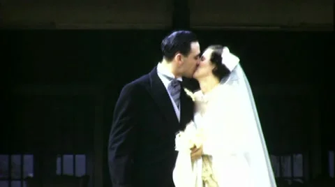 1940s JUST MARRIED Happy Bride Groom KISS Church Wedding Vintage Film Home Movie Stock Footage
