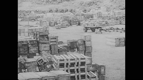 1940s: Large stacks of cargo spread across yard. Trees in forest. Large bridge Stockbeeldmateriaal 133948333