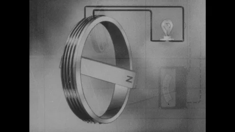 1940s: Magnets rotates inside coil. Light bulb attached to coil flashes on and Stock Footage 123020354