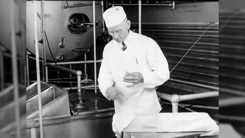 1940s Man Quality Control Test Sanitary Dairy Milk Production Vintage Film Movie Stock Footage 84008078