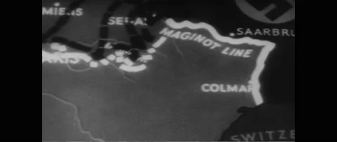 1940s: Man in uniform stands by screen, holds pointer. Animation on map shows Stock Footage 218210476