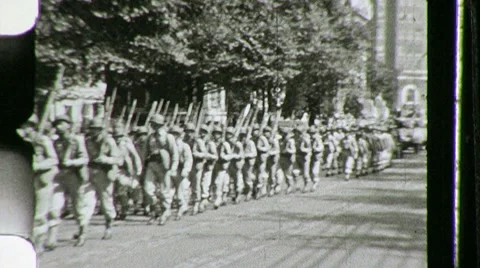 1940s Men OFF TO WAR US Soldiers WW2 Troops MARCHING Vintage Film Home Movie Stock Footage