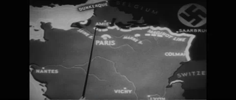 1940s: Person points at area on map with pointer. Animation on map shows Stock Footage 218210504