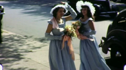 1940s Pretty Young Women BRIDESMAIDS Wedding Day 1940s Vintage Film Home Movie Stock Footage