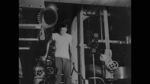1940s: Sailors raise flags on ship.  Men work on ship.  Men monitor radar.  Video stock 158449135